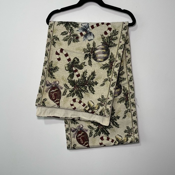 Vintage Cream christmas Holiday Table Runner with Ornaments & Candy Canes - Picture 1 of 6